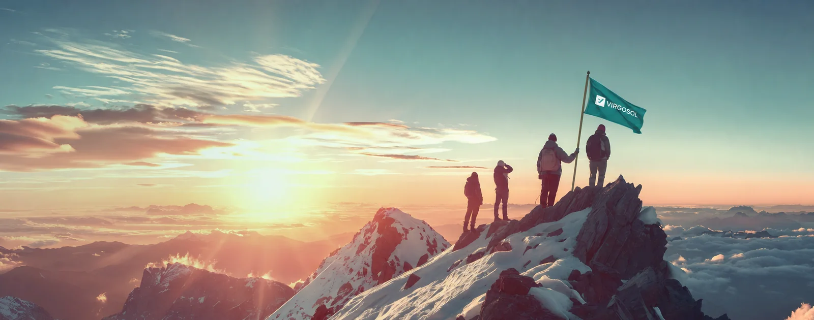 A team reaching a mountain summit with the Virgosol flag