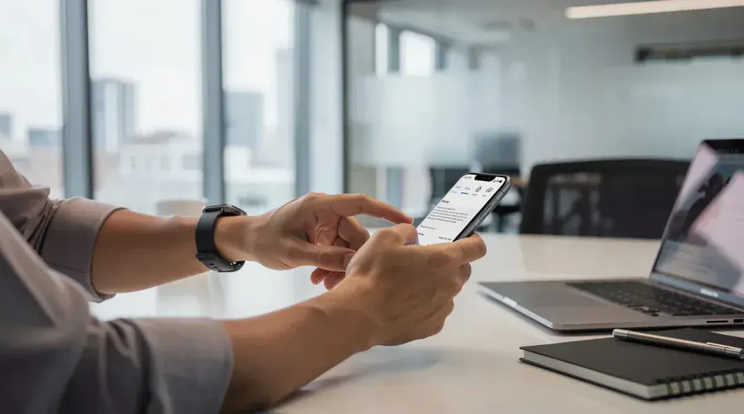 A tester running a mobile app on a real smartphone at an office desk